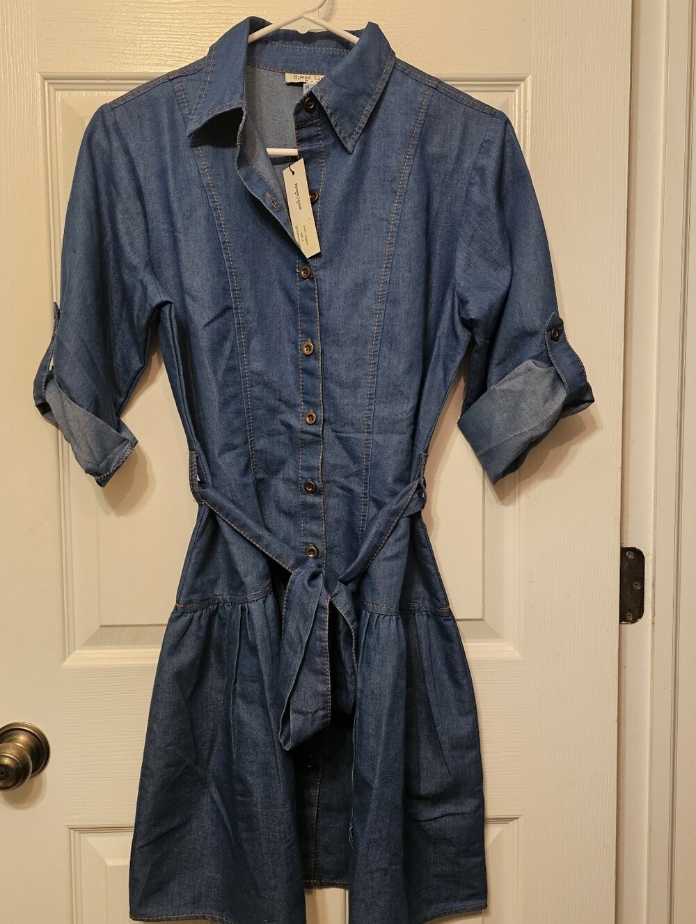 Chambray Denim Shirt Dress with Waist Tie - Blue Small